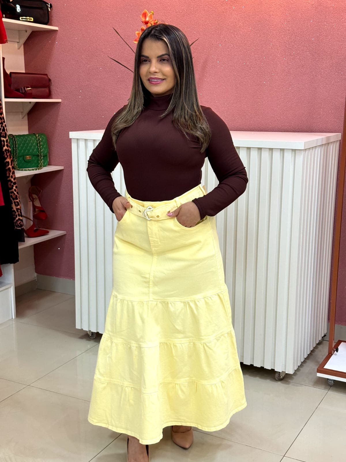 Saia Midi Larissa – Amarela com Cinto TAM 44 - Imagem 3