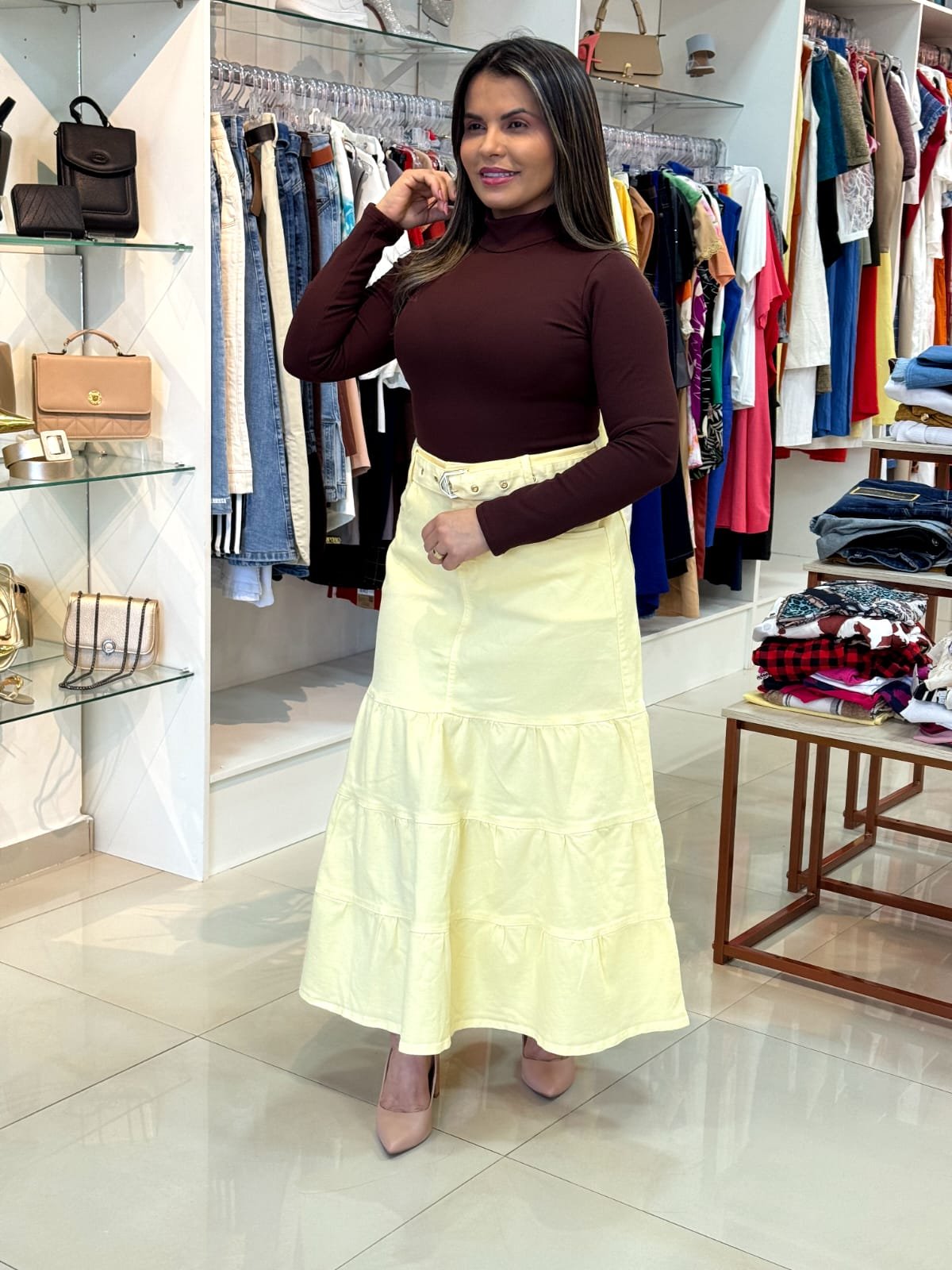 Saia Midi Larissa – Amarela com Cinto TAM 44
