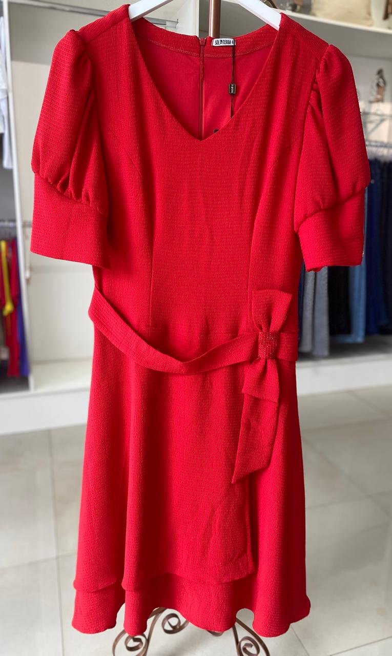 Vestido Vermelho Gola V com Laço - Danutta TAM G