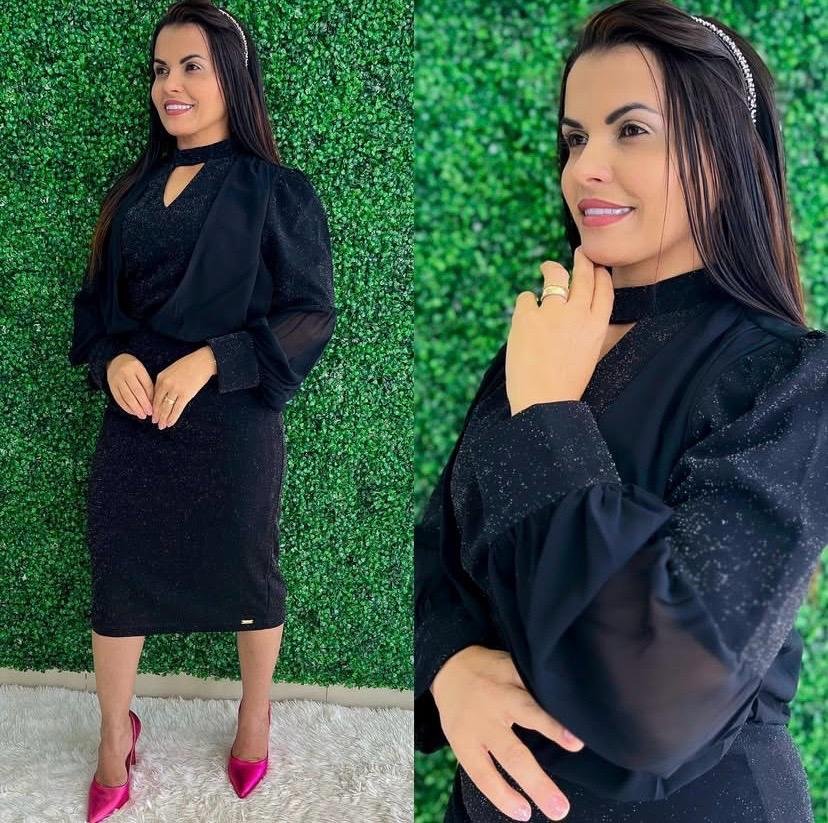 Vestido Preto Brilhoso com Gola Alta e Manga Longa – Sol da Terra TAM M