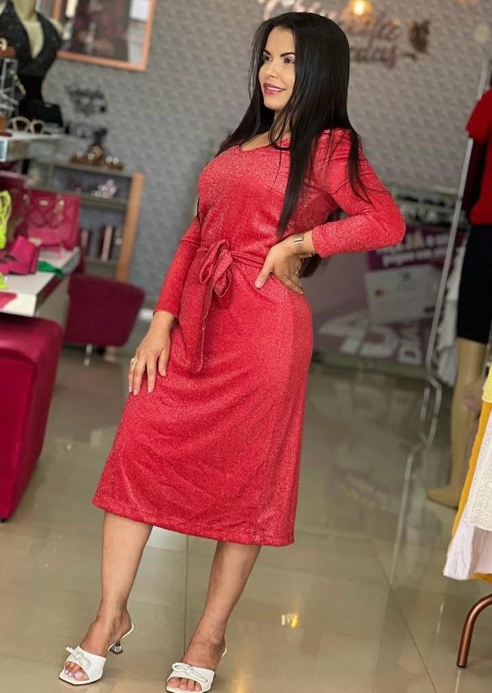 Vestido Vermelho em Malha com Brilho – Femy TAM P