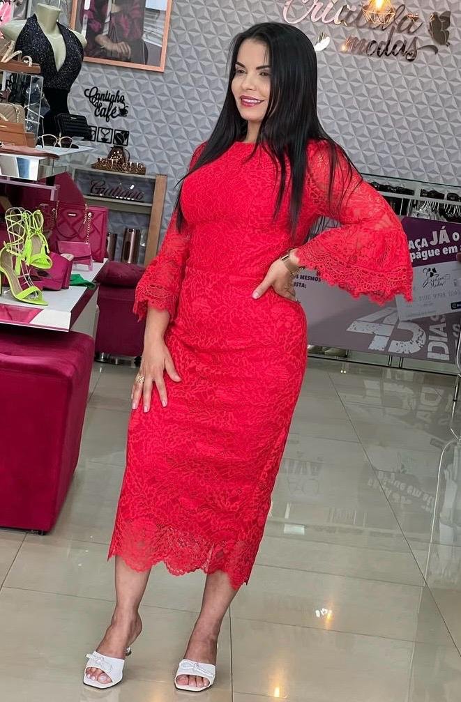 Vestido Midi Vermelho em Renda e Guipir – Doce Maria TAM P