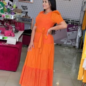 Vestido Laranja em Laise com Laço – Manga Bufante | Sol da Terra