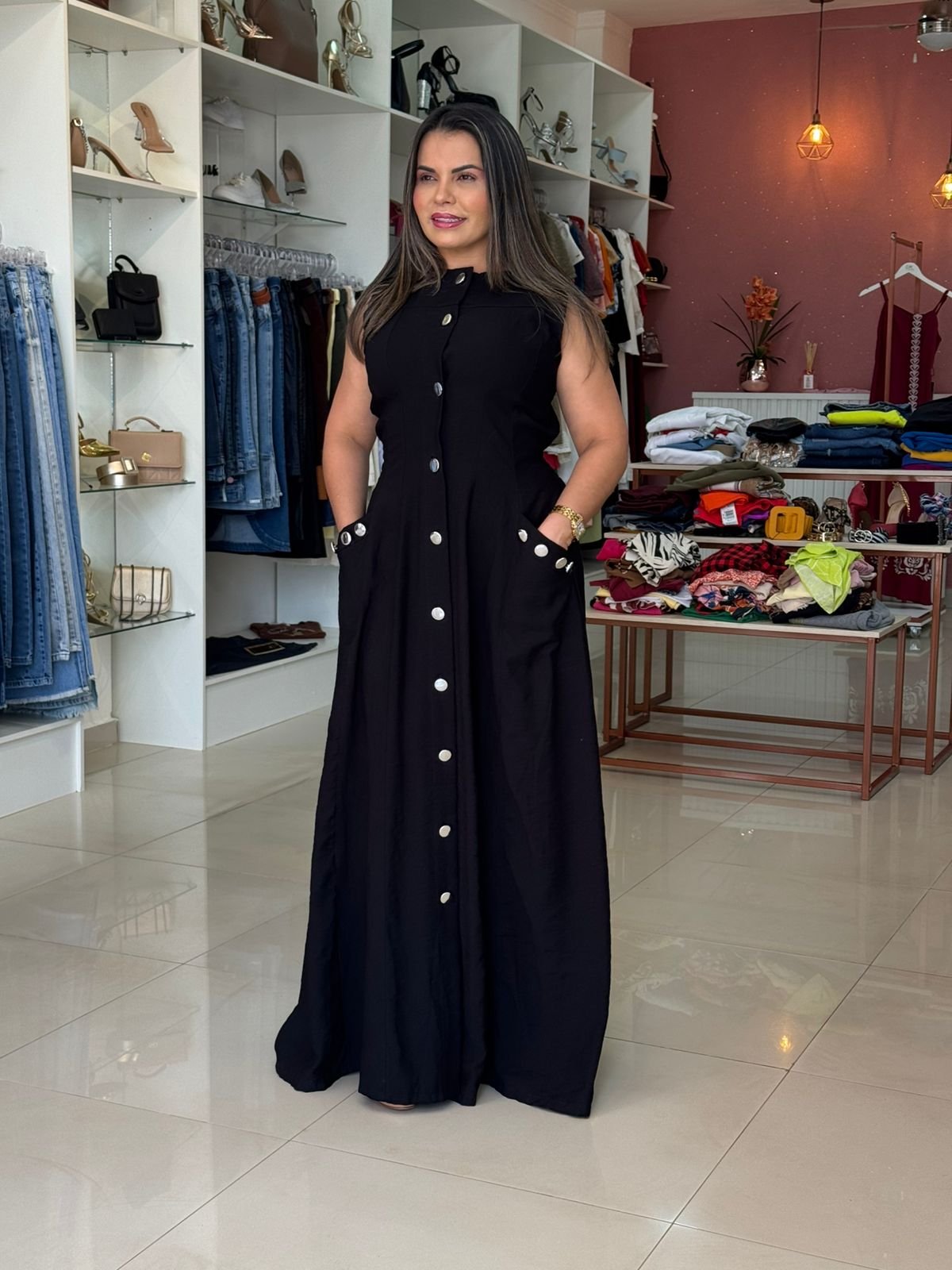 Vestido Longo com Vivo – Preto TAM P